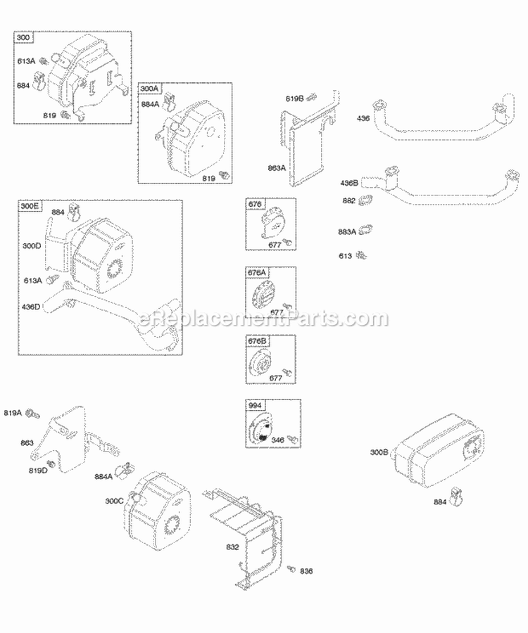 Exhaust System Diagram and Parts List for 303777-1114-E1  Briggs and Stratton Engine